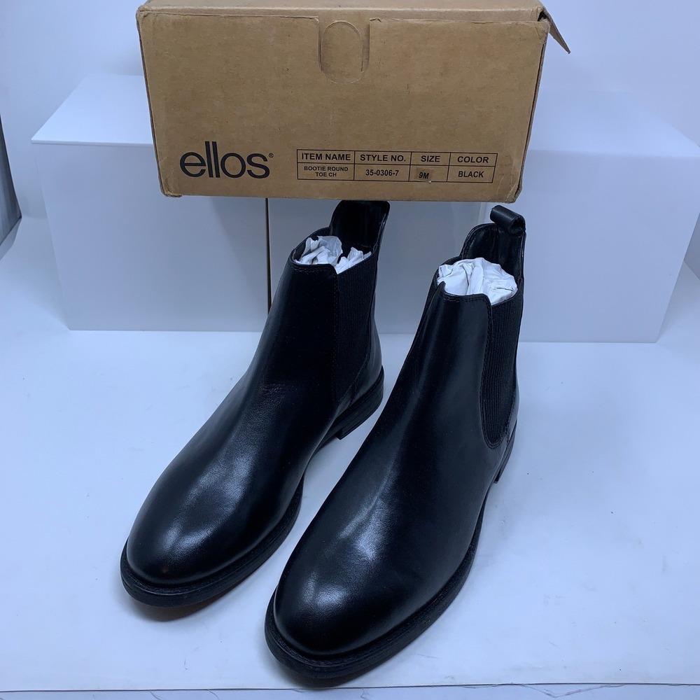 Ellos Womens 9M Black Leather Round Toe Chelsea Bootie Ankle Boots 35-0306-7